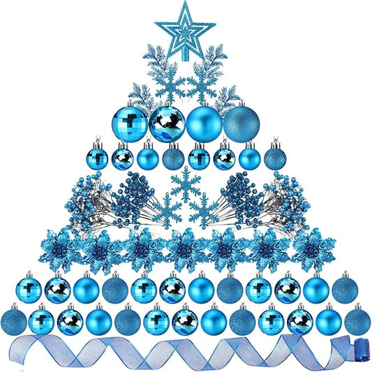 Sratte 94 Pcs Christmas Tree Decorations Set, Christmas Tree Ball Ornaments Glitter Poinsettia Flowers Decorations Glitter Berries Stems for Xmas Holiday Wedding(Lake Blue)