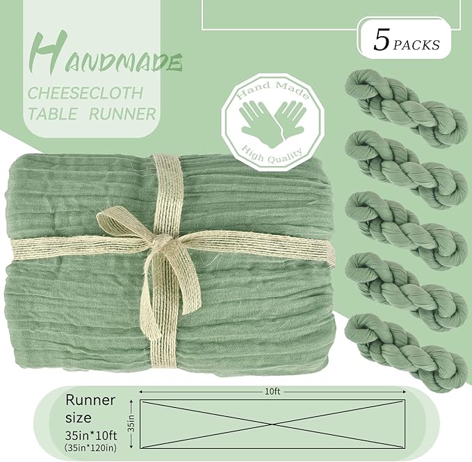 5 Pack Sage Green Cheesecloth Table Runner, 10Ft x 35" Sage Rustic Gauze Boho Wedding Table Runner Decoration