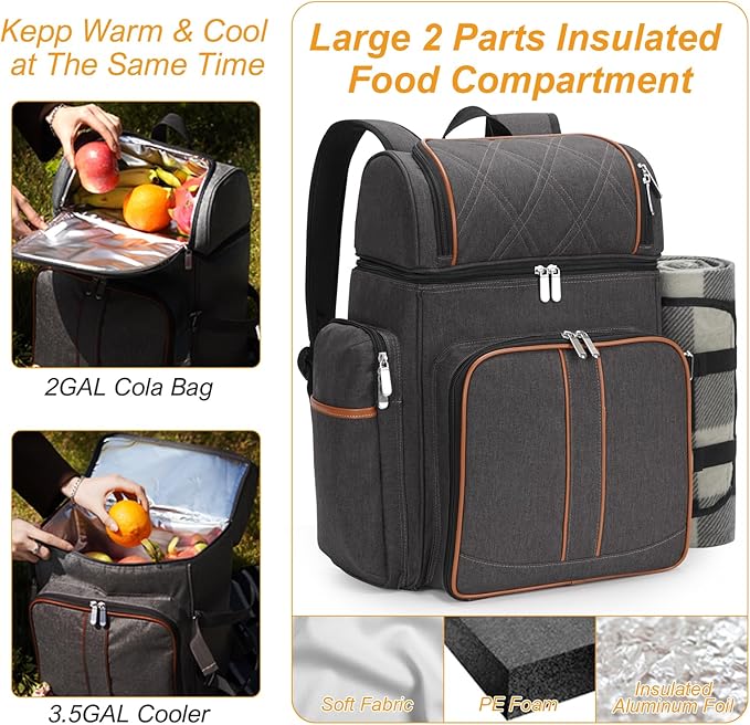 Picnic Backpack for 4, Picnic Basket Set, Leakproof Picnic Bag, Beach Cooler Backpack with Insulated Cooler Wine Pouch,Picnic Blanket, Double Deck Picnic Backpack for Beach,Camping,Park (Brown)