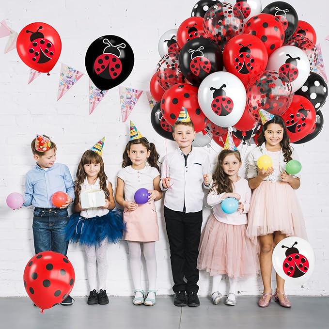 Ladybug Balloons,12 Inch Ladybug Print Red Black White and Polka Dots Balloon with Red Black Confetti for Ladybug Birthday Baby Shower Theme Party Decorations