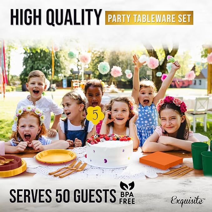 Party Solids 350 Pieces Thanksgiving Plastic Plates For Party, Thanksgiving Disposable Plates Set, 50 Of Each 9" Dinner Plate Set, 7" Dessert Plate, Cups, Napkins & Cutlery Plastic Dinnerware