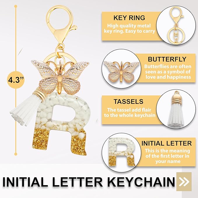 Initial Letter Keychain, Butterfly Keychain Cute Resin, Initial Keychain Backpack Charms, Key chain for Women, Girls