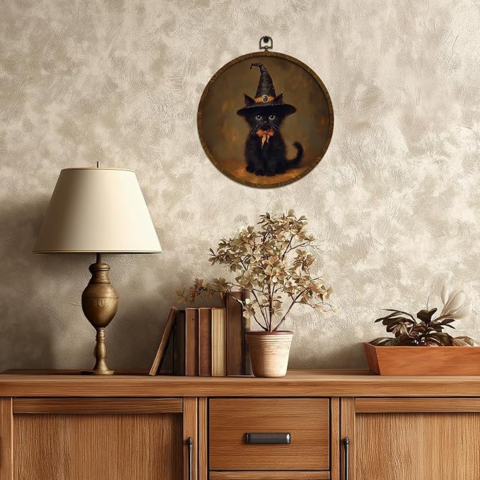 Funny Halloween Black Cat Round Wall Art,Gothic Canvas Print Wall Hanging Decor, Spooky Farmhouse Vintage Round Wall Art for Bedroom Living Room Entryway, Rustic Cat Gothic Wall Decor,Gift for Halloween(Black-Cat)