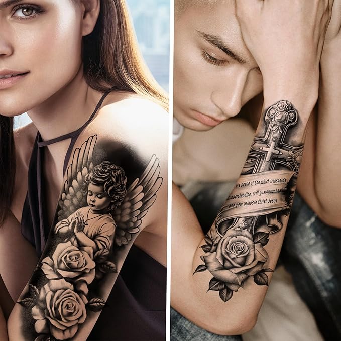 77 Sheets Christian Temporary Tattoo Adult, Religious Jesus Christ Cross Angels God Half Arm Fake Tattoos, Christ Catholic Realistic Tiny Body Temporary Tattoos for Men and Women Kids