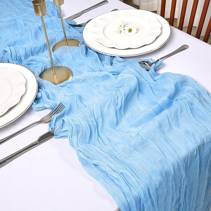 12 Pack Baby Blue Cheesecloth Table Runner 10FT Boho Cheese Cloths Gauze Fabric Table Runners 120 Inch Rustic Sheer for Wedding Birthday Party Baby Shower Centerpiece Home Decorations