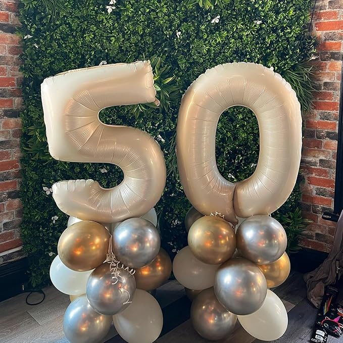 Biapian 40 Inch Cream Number 50 Balloon, 50th Birthday Balloons, Big Digital 50 Beige White Giant 50 Foil Balloon Helium for Men Women 50th Birthday Decorations Anniversary Baby Shower Party Supplies