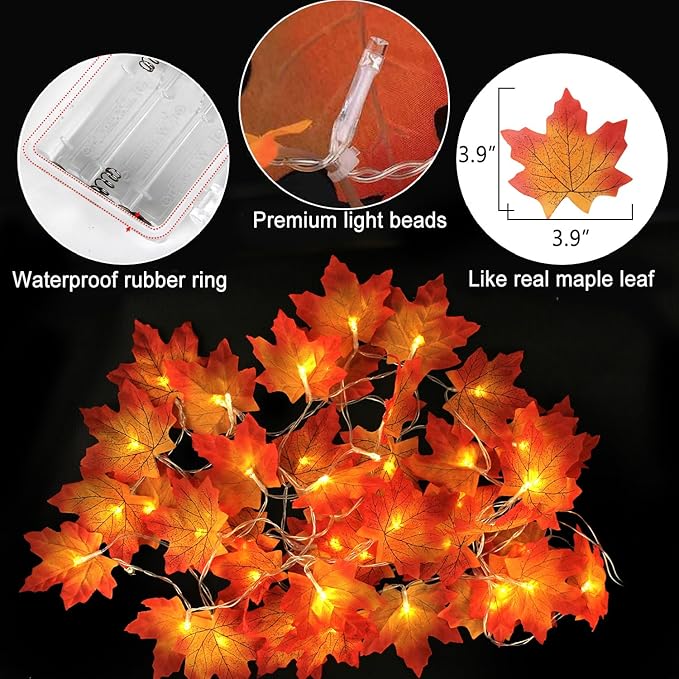 AKIT Maple Leaves Garland Fall Decor Outdoor String Lights Waterproof 45 LED String Lights with Timer, Fall Garland Leafs Lights Fall Decorations for Home Thanksgiving Decor Indoor