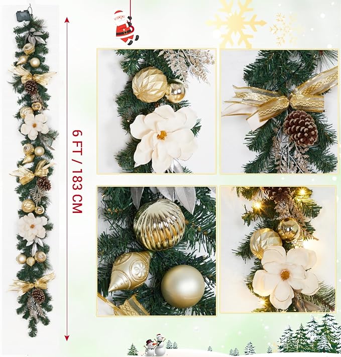 GarveeHome 6 ft Christmas Garland with Lights for Mantle, Lighted Battery Operated Christma Garland with Gold Balls Pine Cones Magnolia Flowers for Table Centerpiece Fireplace Window Outdoor Decor