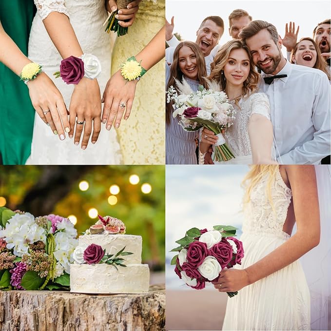 Artificial Flowers Realistic Roses, Real Looking Fake Roses with Stem for DIY Wedding Bouquets Centerpieces Bridal Shower Party Home Romantic Decorations (White & Wine Red, Regular 3" - 200pcs)