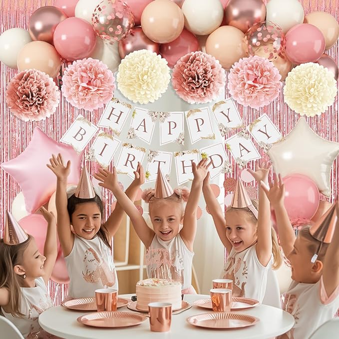 Pink Birthday Decorations for Women, Boho Dusty Pink Rose Gold Blush Beige Latex Balloons Happy Birthday Banner Foil Fringe Curtain Tissue Paper Pompom for Woman Girls Party Decoration Supplies