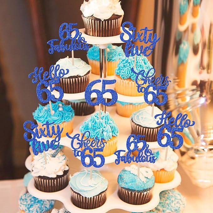 30PCS Happy 65th Birthday Cupcake Toppers Glitter Hello 65 Fabulous Sixty Five Cheers to 65 Years Old Birthday Cupcake Picks for Happy 65th Birthday Anniversary Party Cake Decorations Supplies Blue