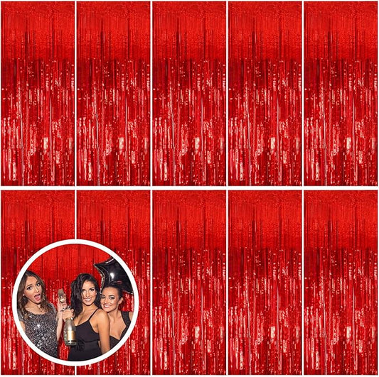 10 Pack Red Streamers Party Backdrop Christmas Decorations Foil Fringe Backdrop Curtains Carnival Casino Theme Birthday New Year Holiday Celebration Bachelorette Party Decorations Supplies