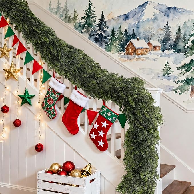 6Ft Real Touch Christmas Cedar Garland, Realistic Full Cedar Garland with Bells Decor, Green Artificial Pine Needles Garlands for Mantel, Fireplace, Stairs Railing, Tables, Christmas Decorations