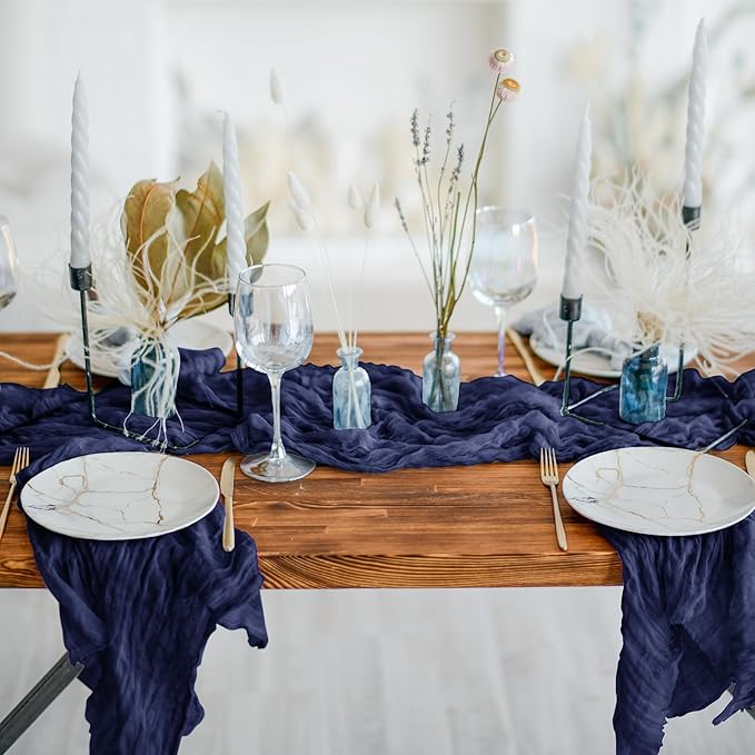 Cheesecloth Table Runner 6 Pack – 35x120 Inch (10ft) Boho Rustic Gauze Cloth Runners – Crinkle Polyester Table Decor for Wedding, Baby Shower, Bridal Shower, Birthday Party and More (Navy Blue)