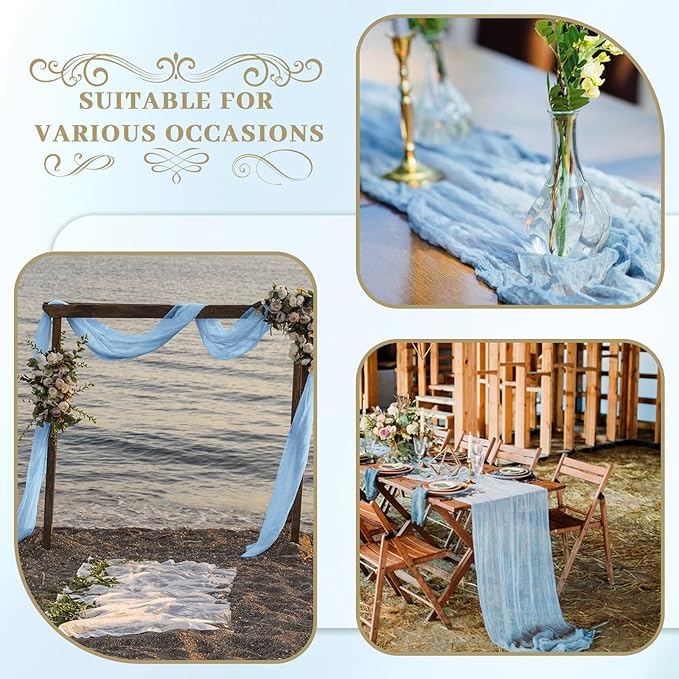 Le courant 6pcs 10Ft Cheesecloth Table Runner, Rustic Boho Gauze Cheese Cloth Runner Table Runner for Weddings Bridal Baby Shower Birthday Holiday Parties Home Decor, Baby Blue