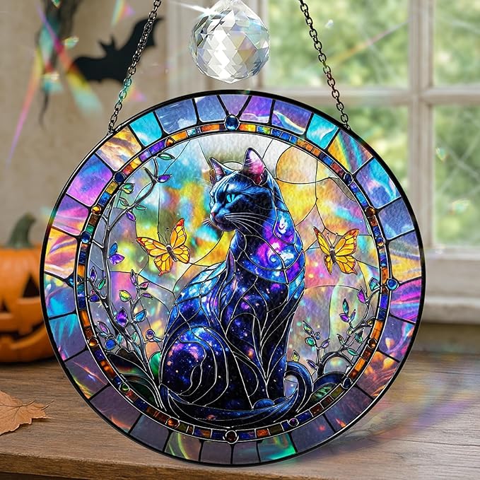 Galaxy Cat Stained Glass Suncatcher, Mystical Gothic Halloween Decoration, Butterfly Sun Catcher Window Hanging, Celestial Crystal Ornament, Halloween, Autumn Spooky Gift for Cat Lovers, Women, Mom
