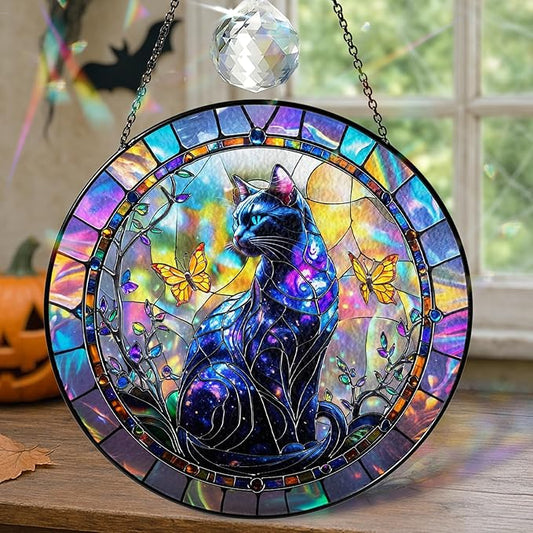 Galaxy Cat Stained Glass Suncatcher, Mystical Gothic Halloween Decoration, Butterfly Sun Catcher Window Hanging, Celestial Crystal Ornament, Halloween, Autumn Spooky Gift for Cat Lovers, Women, Mom