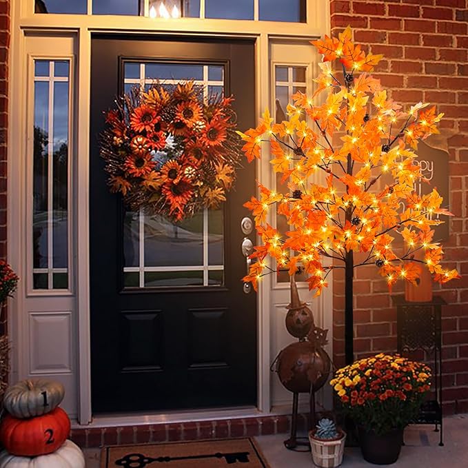 6FT Prelit Fall Maple Tree Decor, 128 LEDs with 8 Acorns 8 Pine Cones & Timer 8 Flashing Modes Artificial Maple Tree Thanksgiving Decor for Fall Home Autumn Halloween Harvest Indoor Outdoor