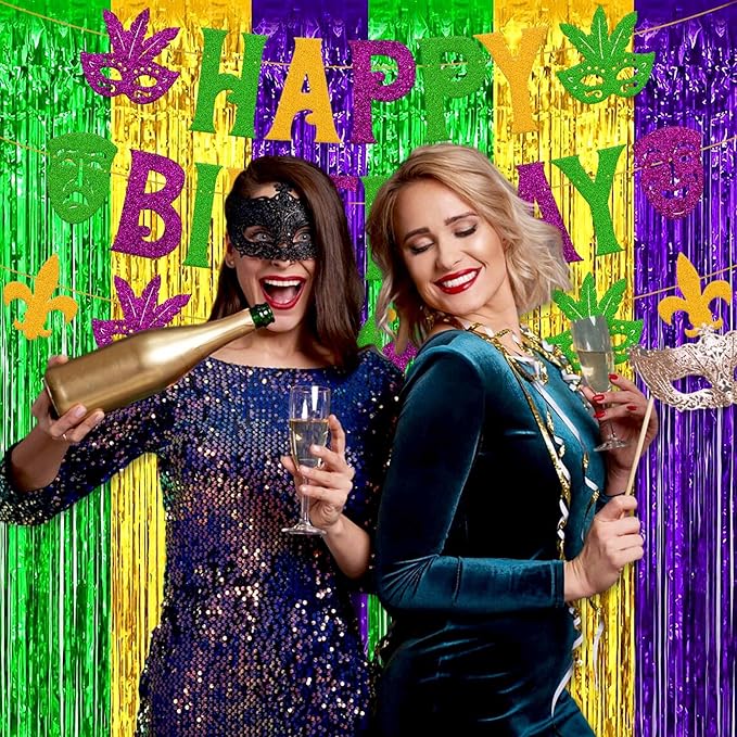 3 Pack Gold Green Purple Foil Fringe Curtains Backdrop, 3.28 x 6.6 Ft Metallic Streamers Tinsel Curtains Background for Photo Booth, Birthday, Halloween, Christmas, New Year Party Decorations