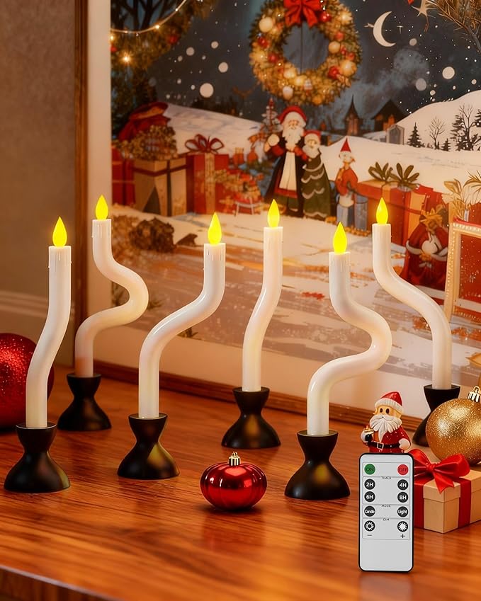 COOLWUFAN Christmas Window Candles, 6 Pcs Flameless Taper Candles with Remote Timer, Battery Operated Dripless LED Flickering 3D Flame, Holiday Decor for Home, Party (Black Base)
