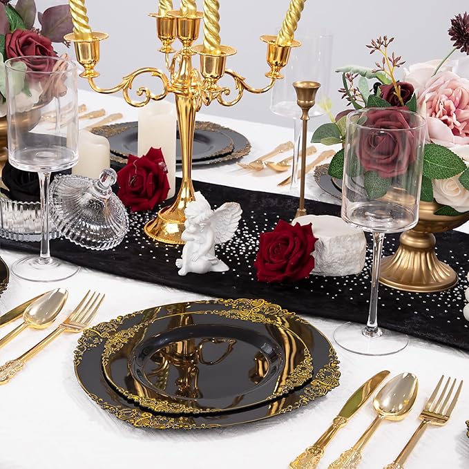 125PCS Black and Gold Plastic Plates - Black Disposable Dinnerware Set - Vintage Plastic Plates with Gold Silverware for 25 Guests for Wedding Party Halloween