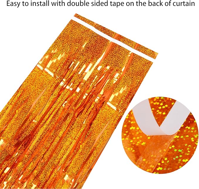 Reusable Foil Fringe Curtains Thanksgiving Decorations - Melsan 3 Pack 3.2 x 8.2 ft Tinsel Curtain Party Photo Backdrop for Birthday Party Baby Shower or Graduation Decorations (Orange)