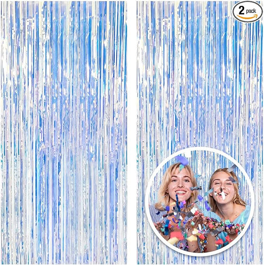 2 Pack Foil Curtain Backdrop Iridescent Metallic Tinsel Foil Fringe Curtains Photo Booth Props for Birthday Wedding Engagement Baby Shower Bachelorette Christmas Holiday Celebration Party Decorations