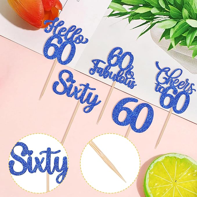 30PCS Happy 60th Birthday Cupcake Toppers Glitter Hello 60 Fabulous Sixty Cheers to 60 Years Old Birthday Cupcake Picks for Happy 60th Birthday Anniversary Party Cake Decorations Supplies Blue