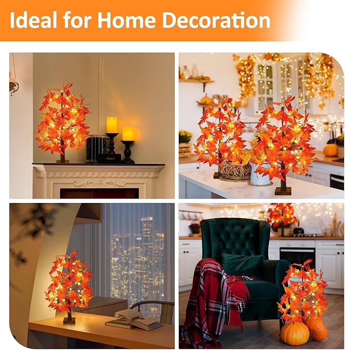 Joyhalo 2 Pack 23.5 Inch Fall Trees with Lights, Timer Battery Operated Fall Light Up Tree for Thanksgiving Autumn Home Office Room Indoor Decorations, Faux Fall Lighted Maple Trees Decor