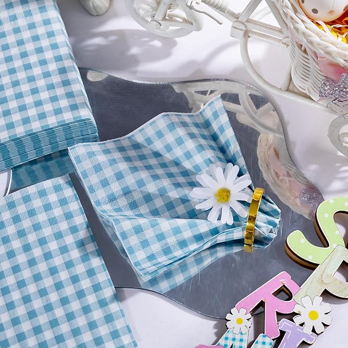 FLOWERCAT 100-Count 2-Ply Blue Checkered Cocktail Napkins Gingham - Blue and White Checkered Napkins Disposable Premium Quality - 5" x 5" Blue Paper Napkins for Easter Party,Bar,Weddings