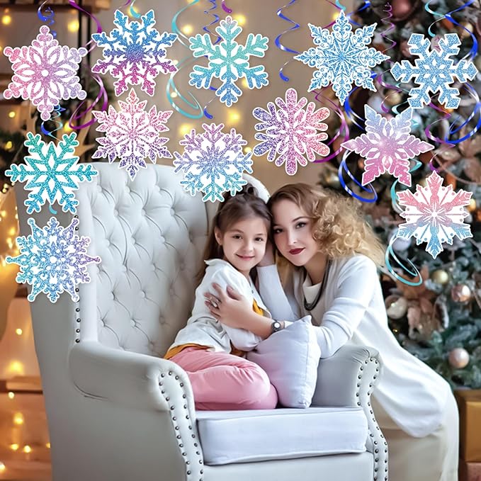 30Pcs Winter Snowflake Hanging Swirl, Frozen Snowflake Ceiling Streamers Hanging Decorations for Christmas Winter Wonderland Frozen Party Supplies