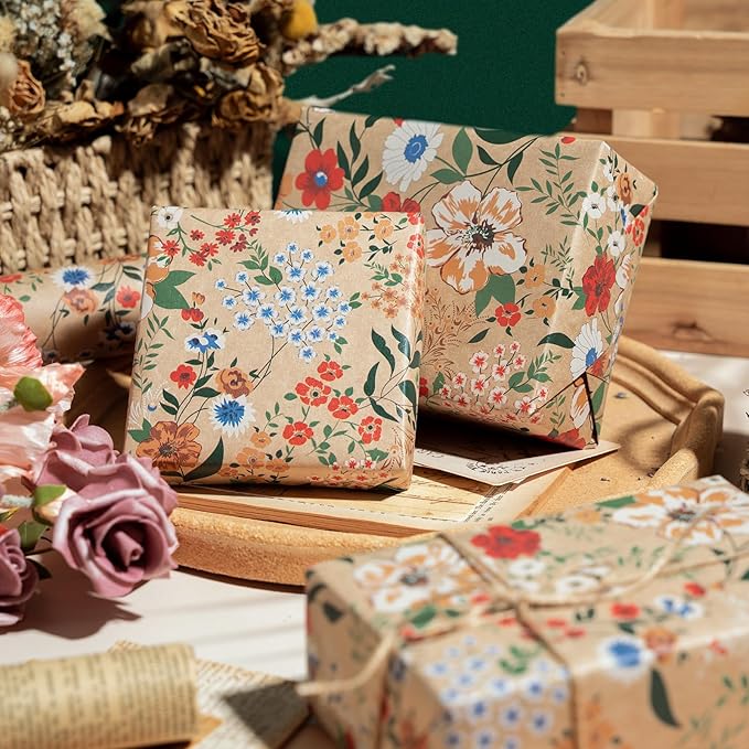 WRAPAHOLIC Kraft Floral Wrapping Paper Roll - Mini Roll - 17 Inch x 33 Feet - All Occasion Flower for Wedding Bridal Shower Birthday