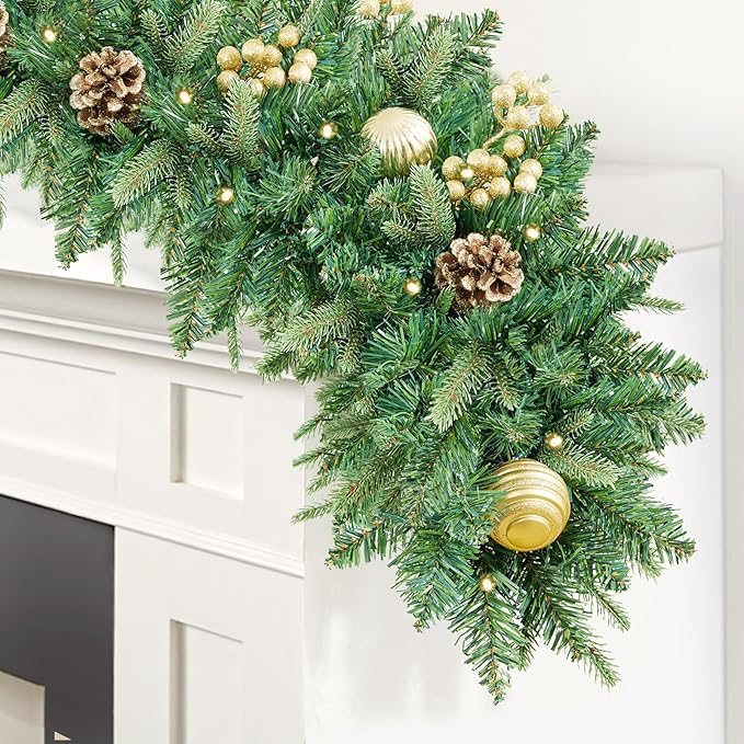 Christmas Garland 9FT Pre-Lit Artificial with 50 White Light, Pulg in, Green Decorated with Pine Cones, Glitter Powder Gold Ball, Fireplace Stairs Mantle Door Indoor Outdoor
