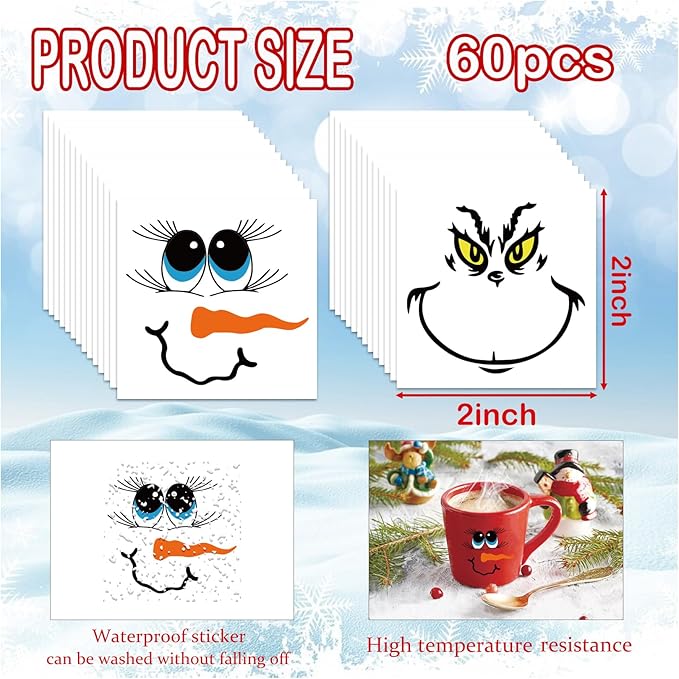 60 Pcs Christmas Face Stickers for Crafts Small 2 inch Vinyl Rub on Transfers UV Snowman Faces Pitcher Decals for Ornaments Glass Drinking Cups Wood Bowl Decorations Balls Party Supplies (snow60)