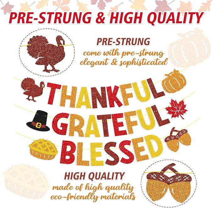 Thankful Grateful Blessed Banner Thanksgiving Party Decorations Autumn Turkey Pumpkin Maple Leaves Happy Fall Friendsgiving Harvest Day Party Supplies