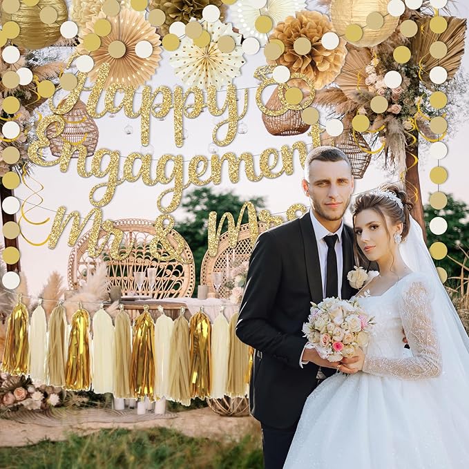 Engagement Party Decorations,Champagne-Gold Sage Congratulations Decorations includes Gold Glitter Happy Engagement Banner for Just Engaged Almost Married Party, Bachelorette Party Decorations