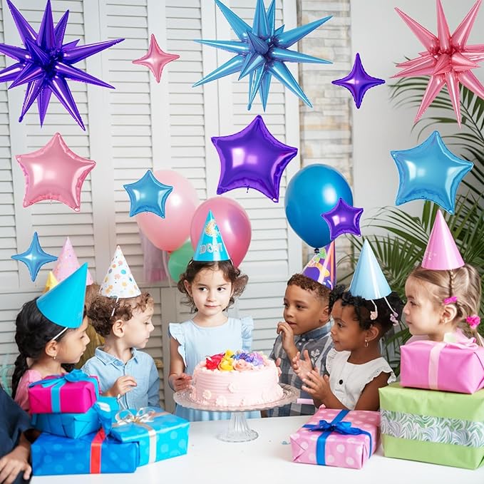 16 Pcs Pink Purple Blue Star Balloons, 22/18/10 Inch Foil Balloons, Four-Pointed Balloon for Girl Princess Mermaid Birthday Baby Shower Party Decorations