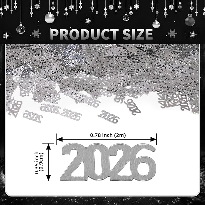 VHUWE 2026 New Years Confetti Silver, 2.12 oz Shinny Metallic 2026 Number Confetti for Tables 2026 Happy New Year Decorations New Years Eve Party Supplies | Silver