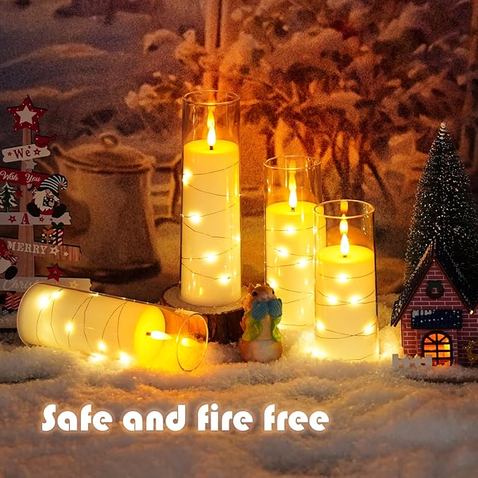 Flameless Candles with Embedded Star String - Battery Operated LED Candles, with Remote,12 White Flickering Candles for Christmas, Weddings, Home Decor & Party,(D 2.3"×H 5" 6" 7")