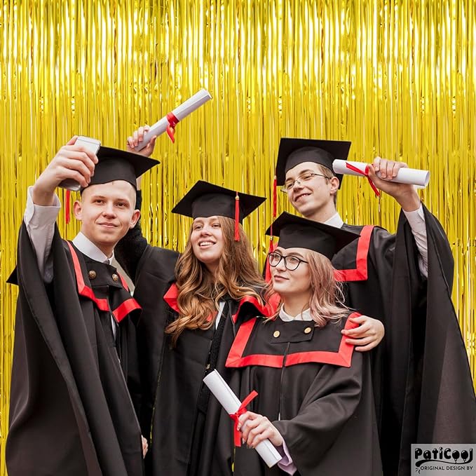 Gold Streamers Graduation Decorations - Thicken 2 Pack 3.2 x 8.2 FT - Golden Tinsel Foil Fringe Backdrop Curtains Party Backdrop for Birthday, Prom, Hollywood, Anniversary Party Decorations