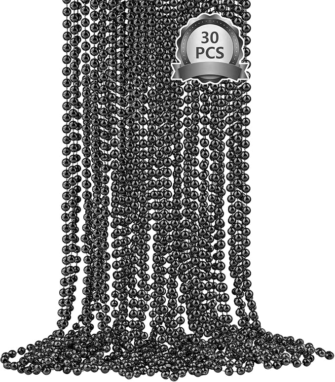 SHAOQINLIN 30 PCS Black Bead Necklaces, Black Mardi Gras Party Beads, New Year Eve Necklaces, 33 Inch Round Halloween Beaded Necklace for Mardi Gras, Christmas, Halloween, New Year Party Favors
