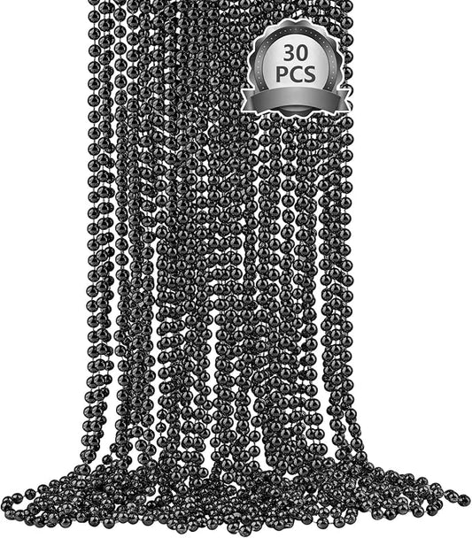 SHAOQINLIN 30 PCS Black Bead Necklaces, Black Mardi Gras Party Beads, New Year Eve Necklaces, 33 Inch Round Halloween Beaded Necklace for Mardi Gras, Christmas, Halloween, New Year Party Favors