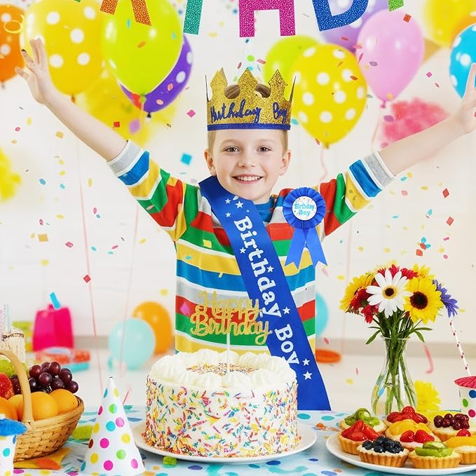 Birthday Boy Pin Sash Crown Set, Birthday Crown Costume Decorations for Boys Party Accessories (Blue)