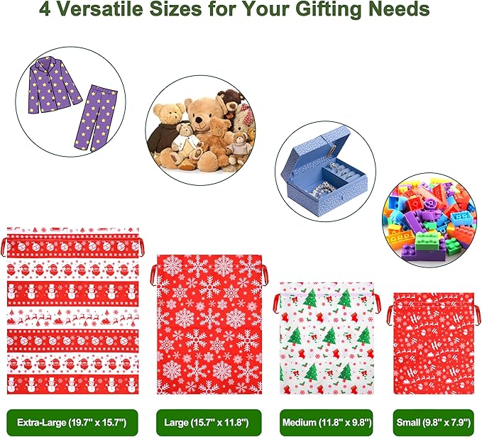 ARGCONNER 12 Pcs Christmas Gift Bags with Drawstring, Assorted Reusable Fabric Gift Bags in 4 Sizes and Designs for Xmas Holiday Party Favors, Treats, Stocking Stuffers