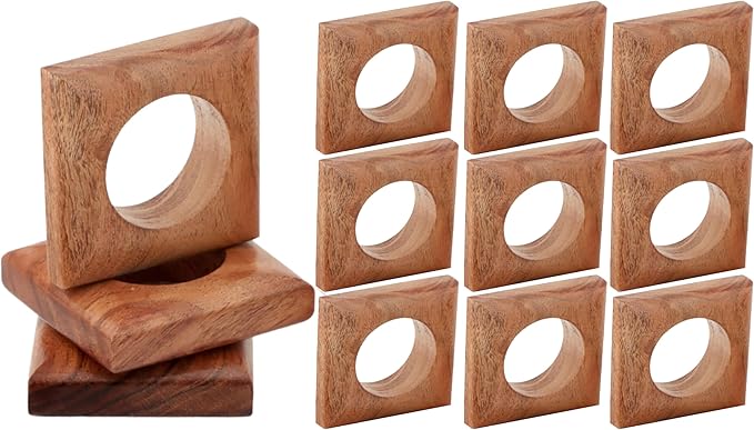 Wooden Napkin Rings Set of 12 Fall Decor for Home Square Acacia Wood Napkin Holders for Dining Table Settings Napkin Ring Rustic Table Décor for Weddings, Parties, Everyday Use (Brown) - CLEENTABLE
