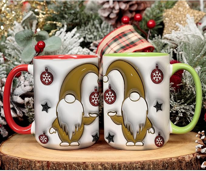 Less People More Gnomes Funny Christmas Inflated 3D Wrap Mugs, Two-Tone Accent Ceramic Coffee Drinking Cups, 11oz 15oz