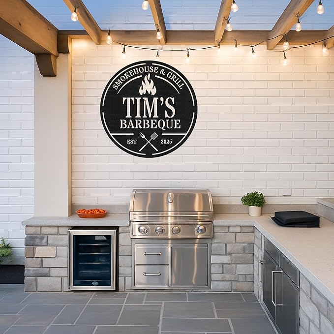 Custom BBQ Metal Sign Personalized Grill Name Wall Art for Outdoor Kitchen Patio Backyard Decor Fathers Gift for Dad Grandpa Husband Barbecue Smoker Area Sign, Grilling Lover Gifts 45