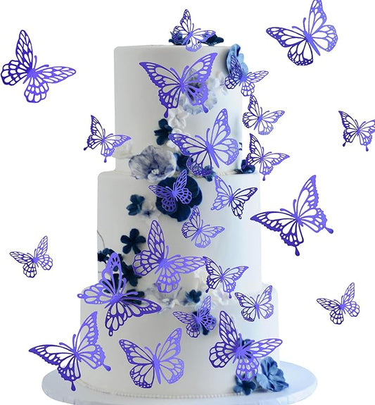 40 PCS Laser 3D Butterfly Cupcake Toppers - Hollow Arts Cake Decorations for Baby Shower, Wedding, Fairy Birthday Party Supplies - Wall Sticker Decoration Mixed Styles Dark Blue