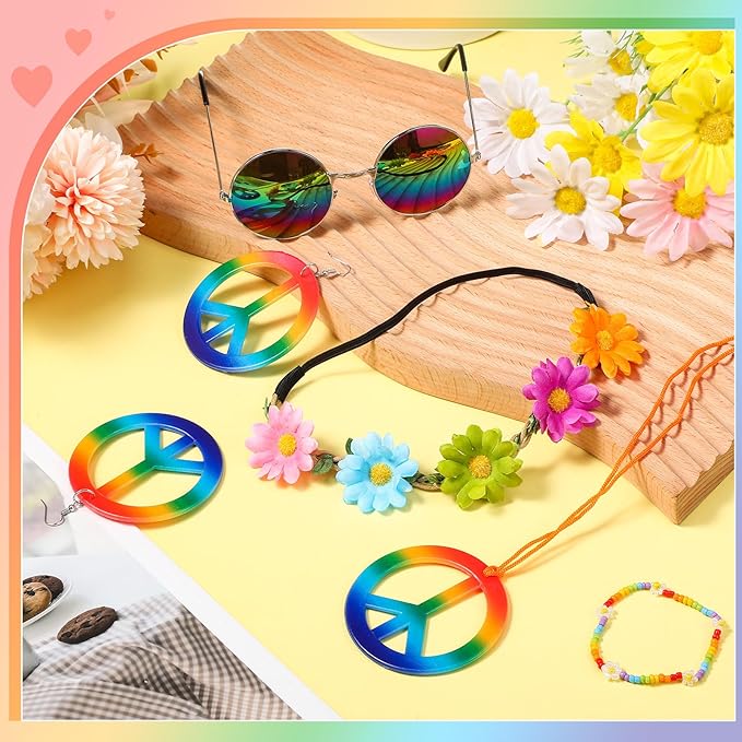Batiyeer 6 Pcs Hippie Costume Accessories Set, Boho Peace Sign Daisy Flower 60s 70s Party Favors Decor for Groovy Party Women(Rainbow)