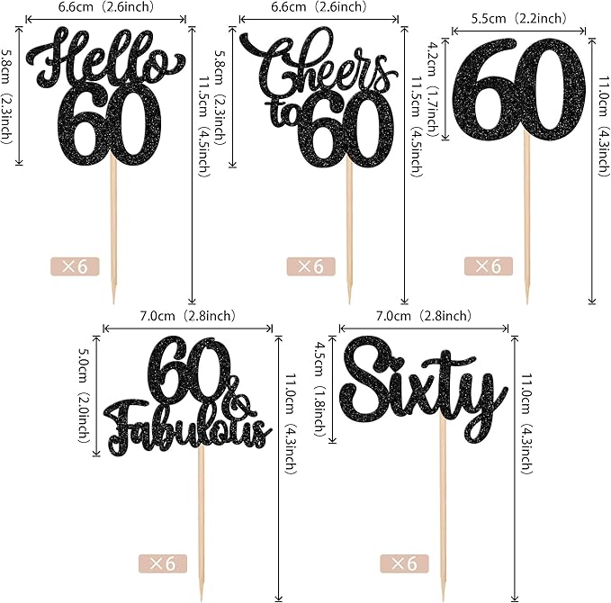 30PCS Happy 60th Birthday Cupcake Toppers Glitter Hello 60 Fabulous Sixty Cheers to 60 Years Old Birthday Cupcake Picks for Happy 60th Birthday Anniversary Party Cake Decorations Supplies Black